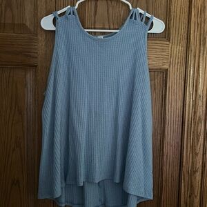 Light blue waffle knit tank top with shoulder detail